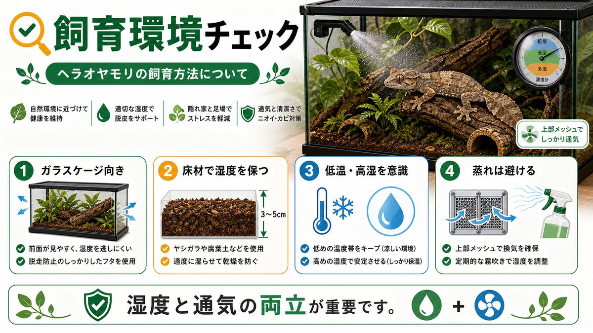 ヘラオヤモリの飼育方法についての要点をまとめたカメレオン・爬虫類飼育インフォグラフィック