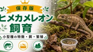 【ヒメカメレオンの飼い方】繁殖・餌・種類を実際に飼っている筆者が紹介！【世界最小サイズ】の要点を伝えるカメレオン・爬虫類記事アイキャッチ画像