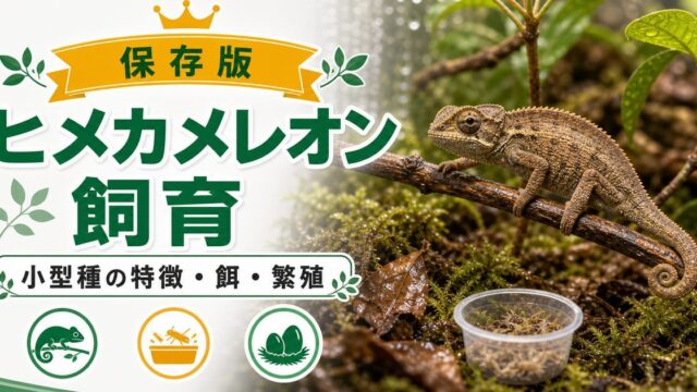 【ヒメカメレオンの飼い方】繁殖・餌・種類を実際に飼っている筆者が紹介！【世界最小サイズ】の要点を伝えるカメレオン・爬虫類記事アイキャッチ画像