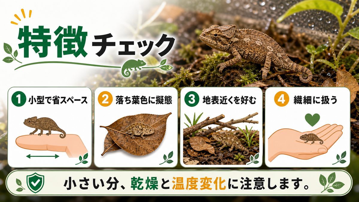 ヒメカメレオンの特徴についての要点をまとめたカメレオン・爬虫類飼育インフォグラフィック