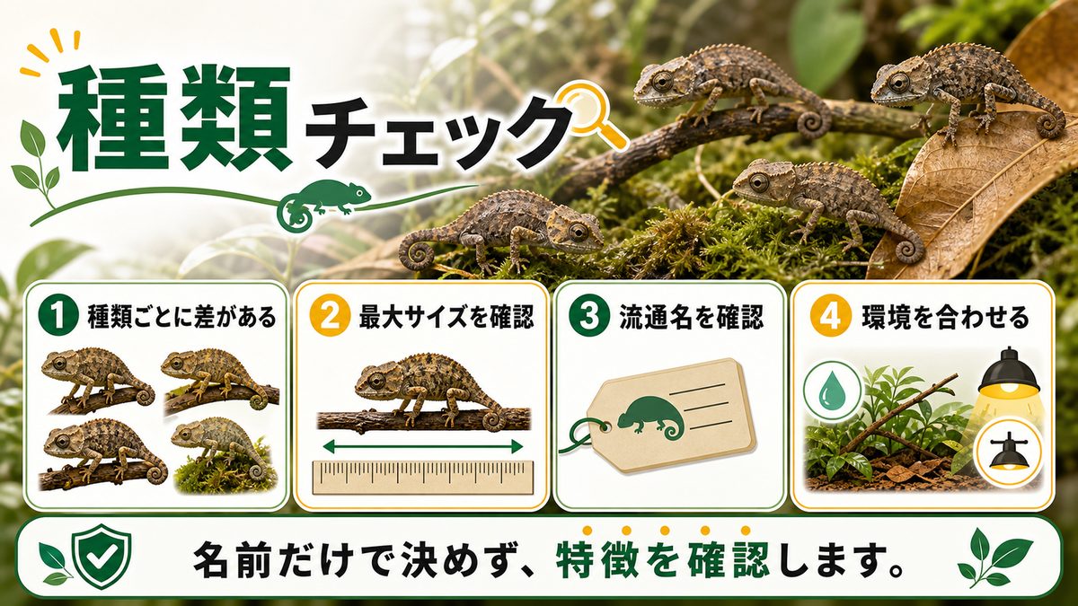 ヒメカメレオンの種類についての要点をまとめたカメレオン・爬虫類飼育インフォグラフィック