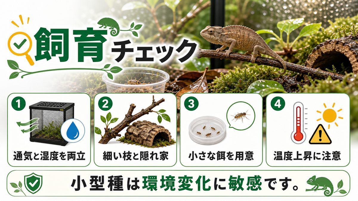ヒメカメレオンの飼育についての要点をまとめたカメレオン・爬虫類飼育インフォグラフィック