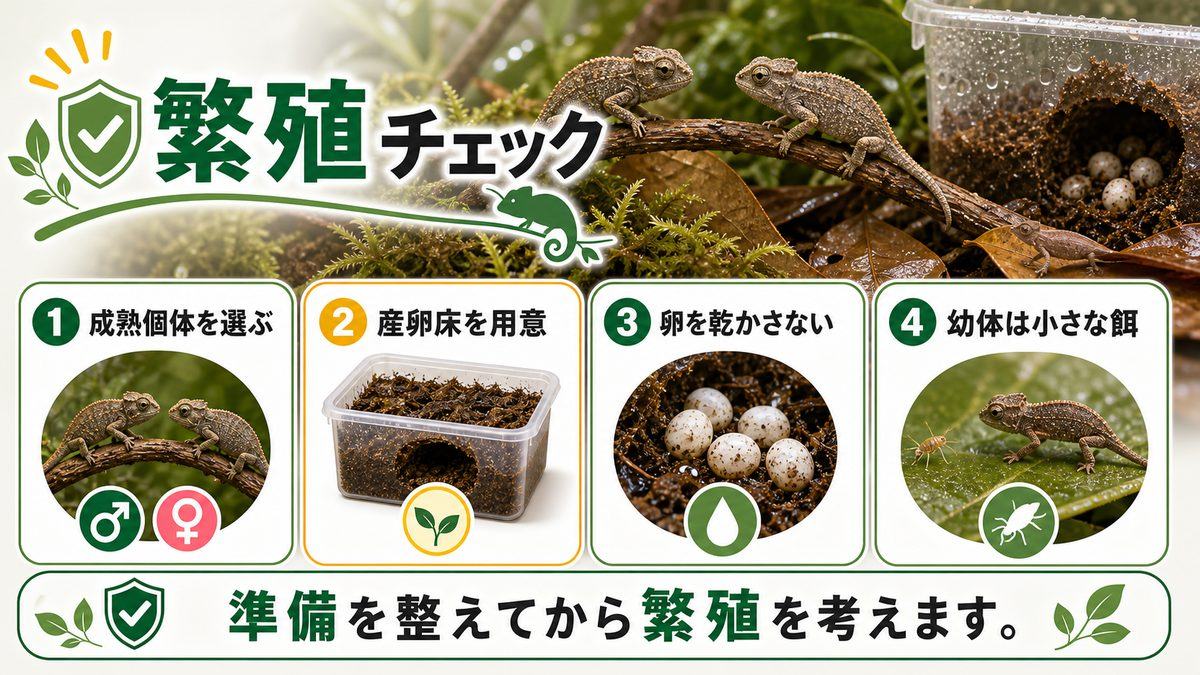 ヒメカメレオンの繁殖についての要点をまとめたカメレオン・爬虫類飼育インフォグラフィック