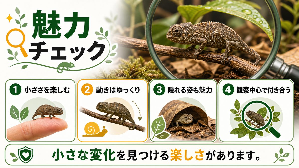 ヒメカメレオンのチャームポイントについての要点をまとめたカメレオン・爬虫類飼育インフォグラフィック