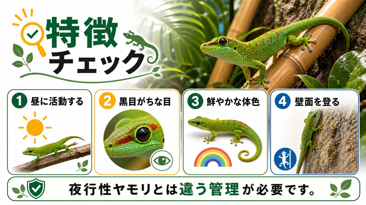 ヒルヤモリってどんなヤモリ？ヤモリらしからぬ特徴について！の要点をまとめたカメレオン・爬虫類飼育インフォグラフィック