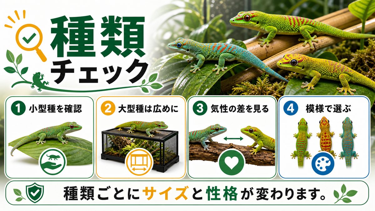 ヒルヤモリの種類についての要点をまとめたカメレオン・爬虫類飼育インフォグラフィック