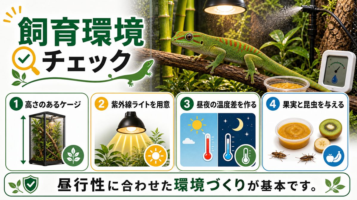ヒルヤモリの飼育方法についての要点をまとめたカメレオン・爬虫類飼育インフォグラフィック