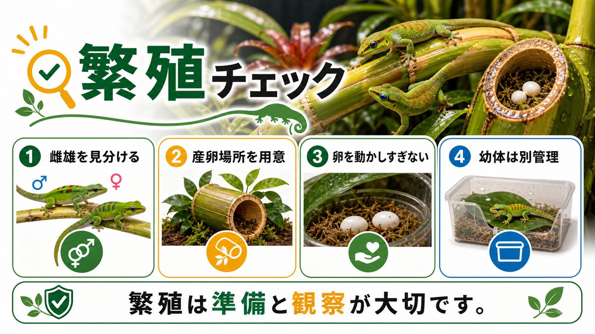 ヒルヤモリの繁殖についての要点をまとめたカメレオン・爬虫類飼育インフォグラフィック