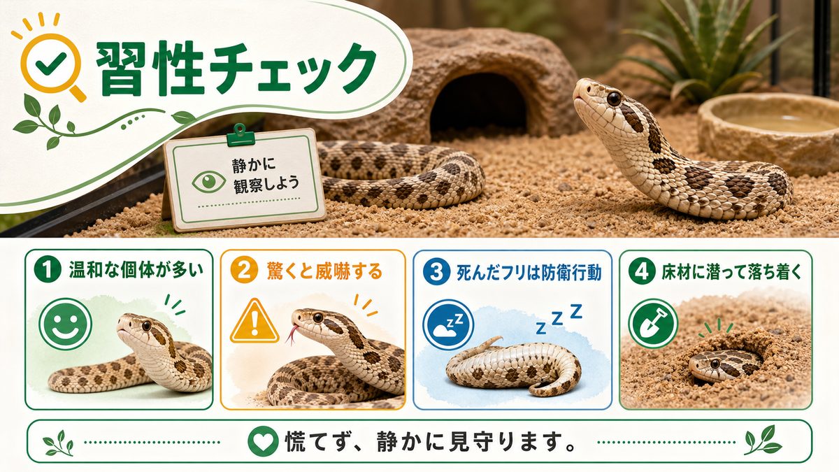 性格と独特の習性――「死んだフリ」と「鼻先掘り」の要点をまとめたカメレオン・爬虫類飼育インフォグラフィック