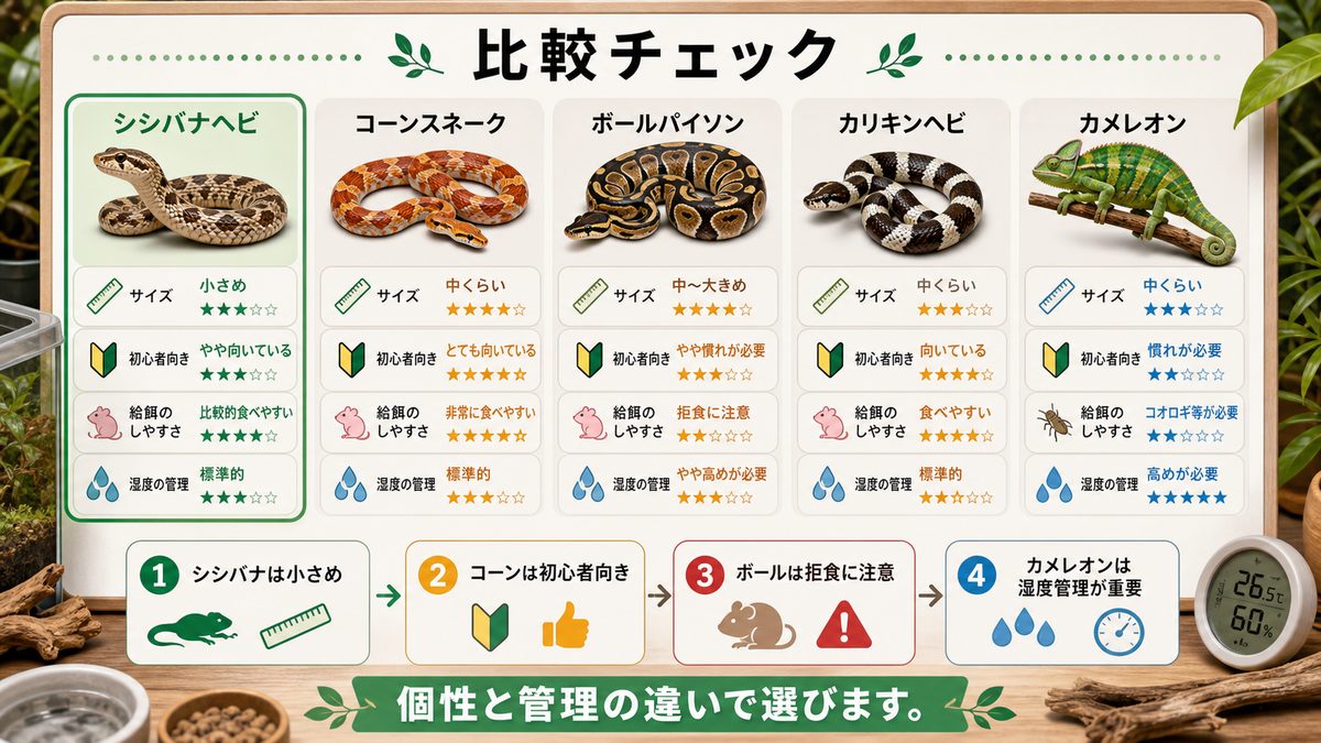 カメレオン・コーン・ボール・カリキンとの違いコーナーの要点をまとめたカメレオン・爬虫類飼育インフォグラフィック