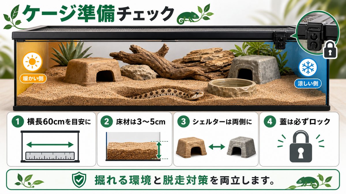 飼育環境――ケージ選びとレイアウトの要点をまとめたカメレオン・爬虫類飼育インフォグラフィック
