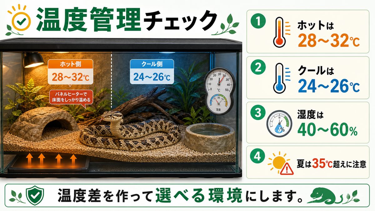 温度管理――ホットスポット28℃が基本の要点をまとめたカメレオン・爬虫類飼育インフォグラフィック