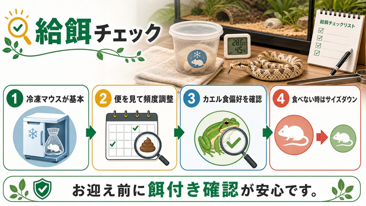 餌の与え方――冷凍マウスとカエル食偏好への対処の要点をまとめたカメレオン・爬虫類飼育インフォグラフィック