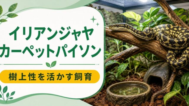 イリアンジャヤカーペットパイソン（Morelia spilota harrisoni）飼育完全ガイド！ニューギニア西部産カーペットの特徴・ケージ・餌・モルフを徹底解説の要点を伝えるカメレオン・爬虫類記事アイキャッチ画像