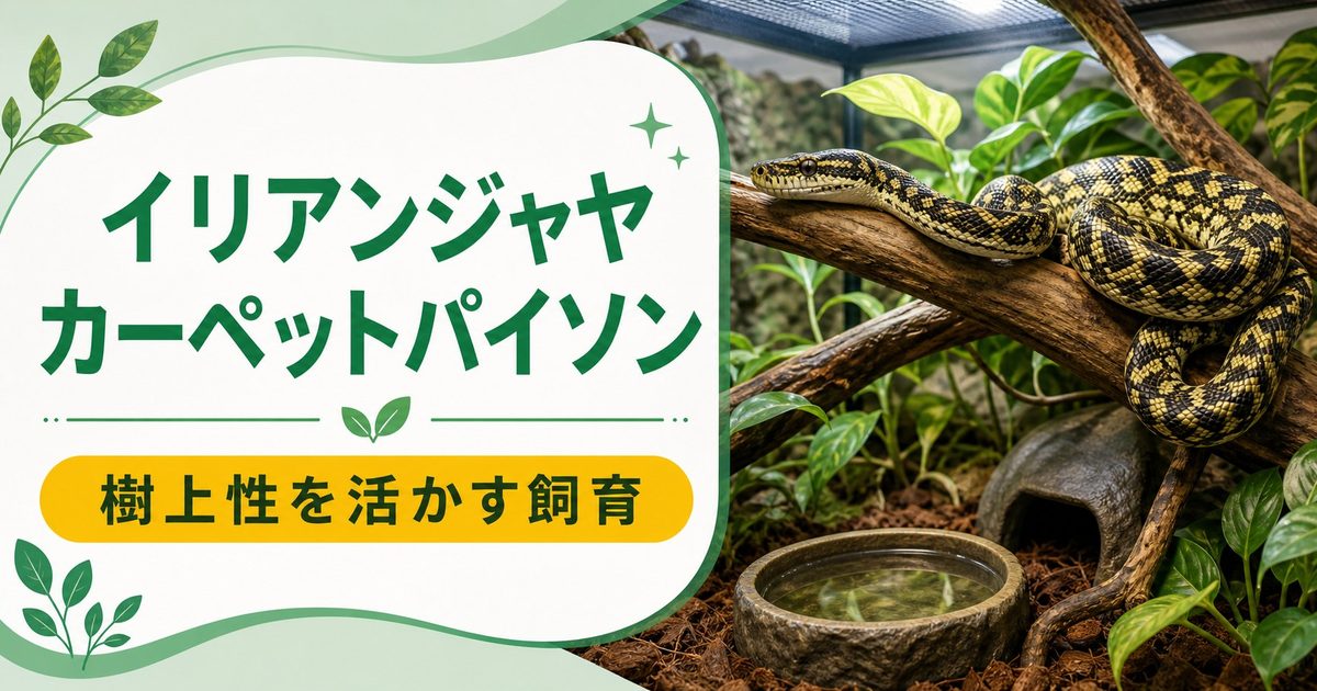 イリアンジャヤカーペットパイソン（Morelia spilota harrisoni）飼育完全ガイド！ニューギニア西部産カーペットの特徴・ケージ・餌・モルフを徹底解説の要点を伝えるカメレオン・爬虫類記事アイキャッチ画像