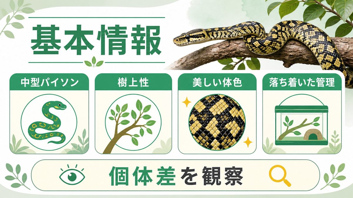 イリアンジャヤカーペットパイソンの基本情報の要点をまとめたカメレオン・爬虫類飼育インフォグラフィック