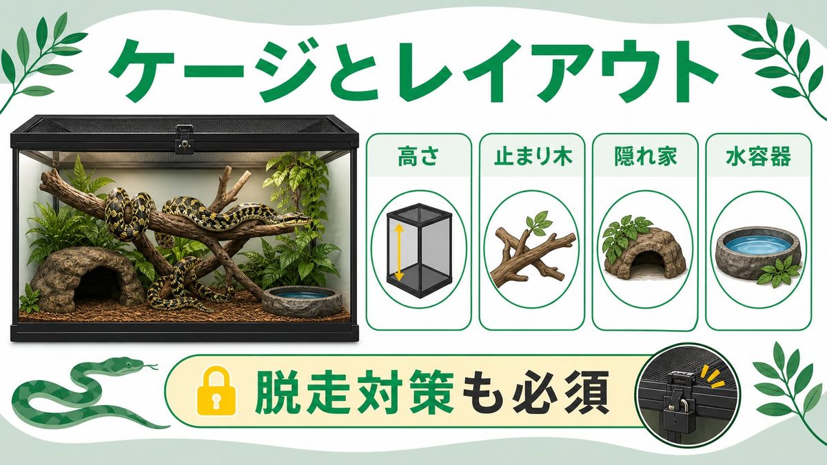 ケージとレイアウト：飼育環境の作り方の要点をまとめたカメレオン・爬虫類飼育インフォグラフィック