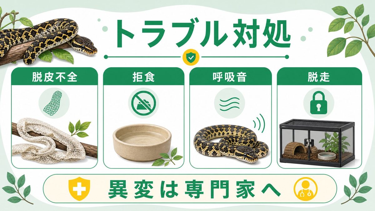 よくあるトラブルと対処法の要点をまとめたカメレオン・爬虫類飼育インフォグラフィック