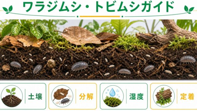 ワラジムシ・トビムシ完全ガイド！バイオアクティブ飼育のクリーナー生物の種類・導入方法・管理を徹底解説の要点を伝えるカメレオン・爬虫類記事アイキャッチ画像