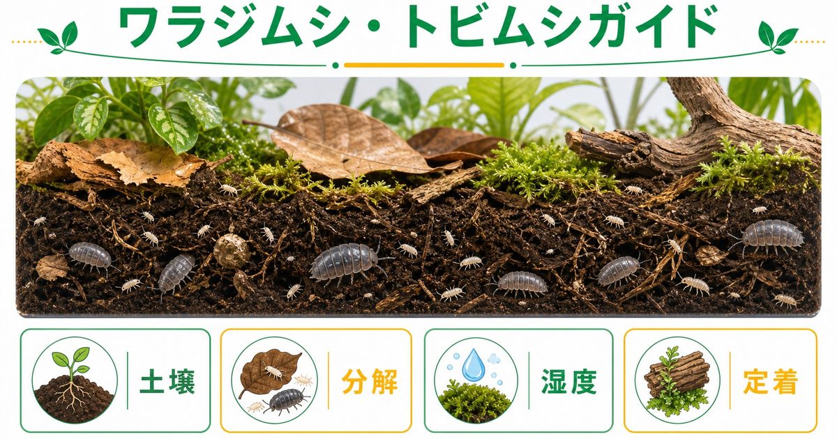 ワラジムシ・トビムシ完全ガイド！バイオアクティブ飼育のクリーナー生物の種類・導入方法・管理を徹底解説の要点を伝えるカメレオン・爬虫類記事アイキャッチ画像