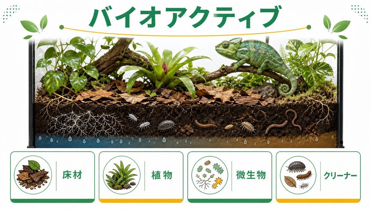 バイオアクティブ飼育とは?自然環境をケージに再現するの要点をまとめたカメレオン・爬虫類飼育インフォグラフィック