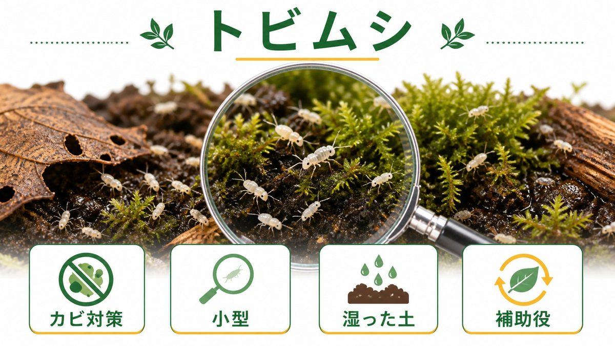 トビムシの特徴と役割|ワラジムシとの違いと使い分けの要点をまとめたカメレオン・爬虫類飼育インフォグラフィック