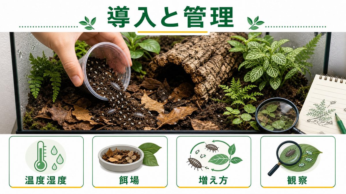 導入方法と管理|クリーナー生物をうまく定着させるコツの要点をまとめたカメレオン・爬虫類飼育インフォグラフィック