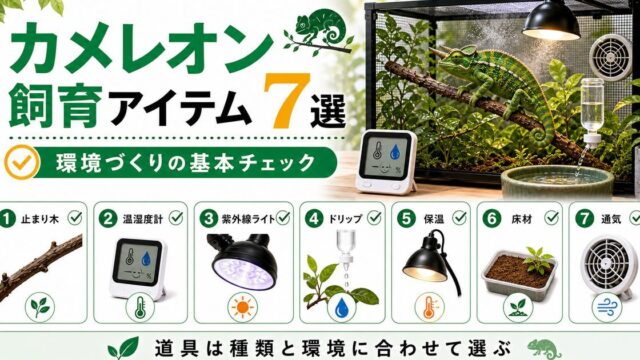 【飼育には何が必要？】カメレオン飼育に必要なアイテム7選を厳選して紹介！【紫外線ライト・止まり木】の要点を伝えるカメレオン・爬虫類記事アイキャッチ画像