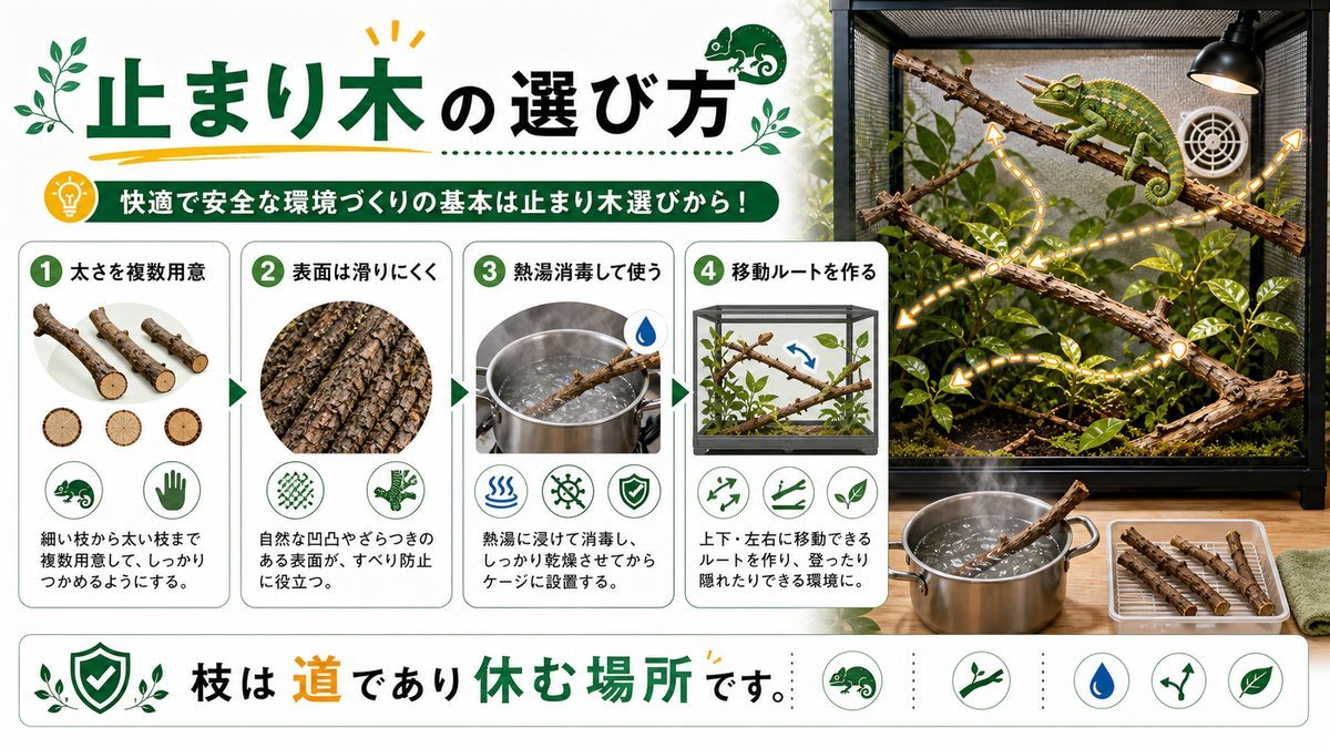 止まり木の要点をまとめたカメレオン・爬虫類飼育インフォグラフィック