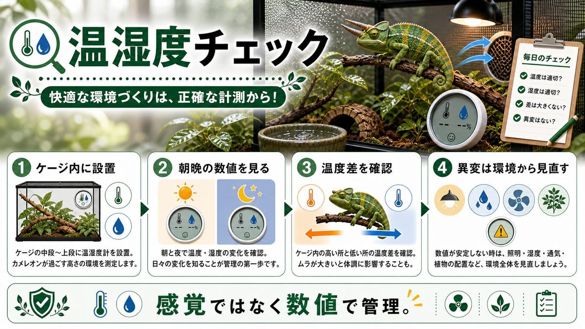 温度計、湿度計の要点をまとめたカメレオン・爬虫類飼育インフォグラフィック