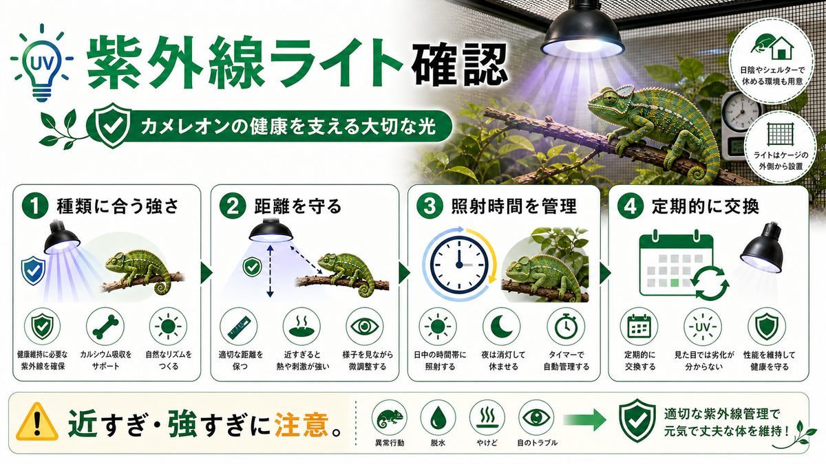 紫外線ライトの要点をまとめたカメレオン・爬虫類飼育インフォグラフィック