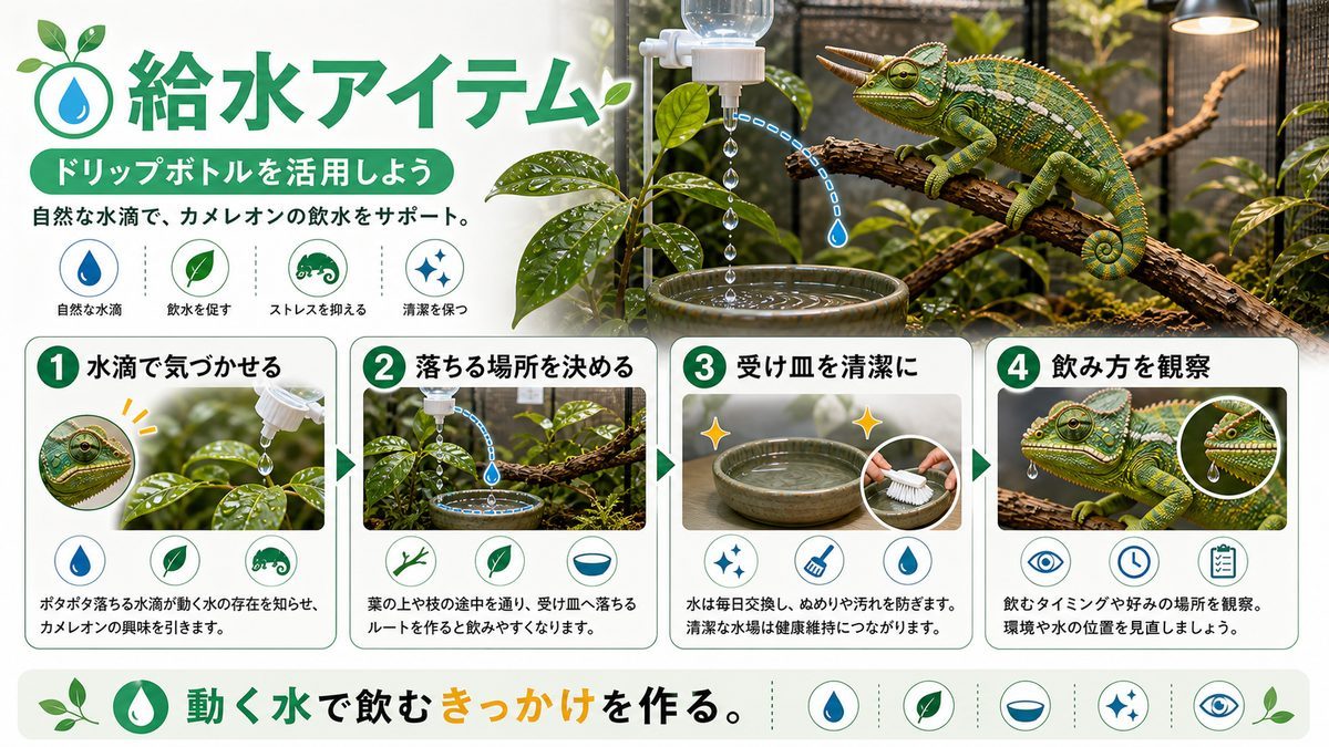 ドリップボトルの要点をまとめたカメレオン・爬虫類飼育インフォグラフィック