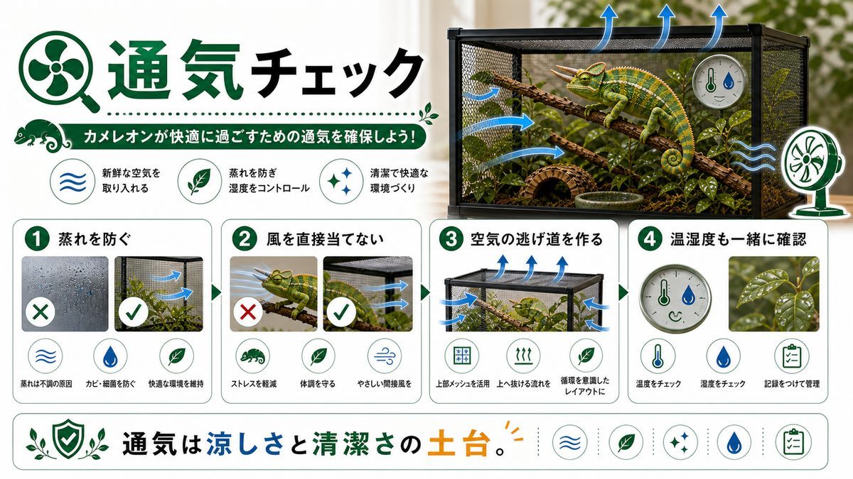 ファン、サーキュレーターの要点をまとめたカメレオン・爬虫類飼育インフォグラフィック