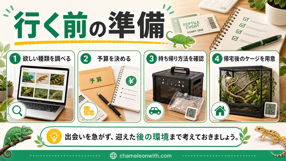 行ってみよう！イベントのススメ！の要点をまとめたカメレオン・爬虫類飼育インフォグラフィック