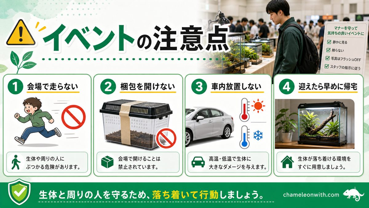 イベントに行った時の注意点についての要点をまとめたカメレオン・爬虫類飼育インフォグラフィック