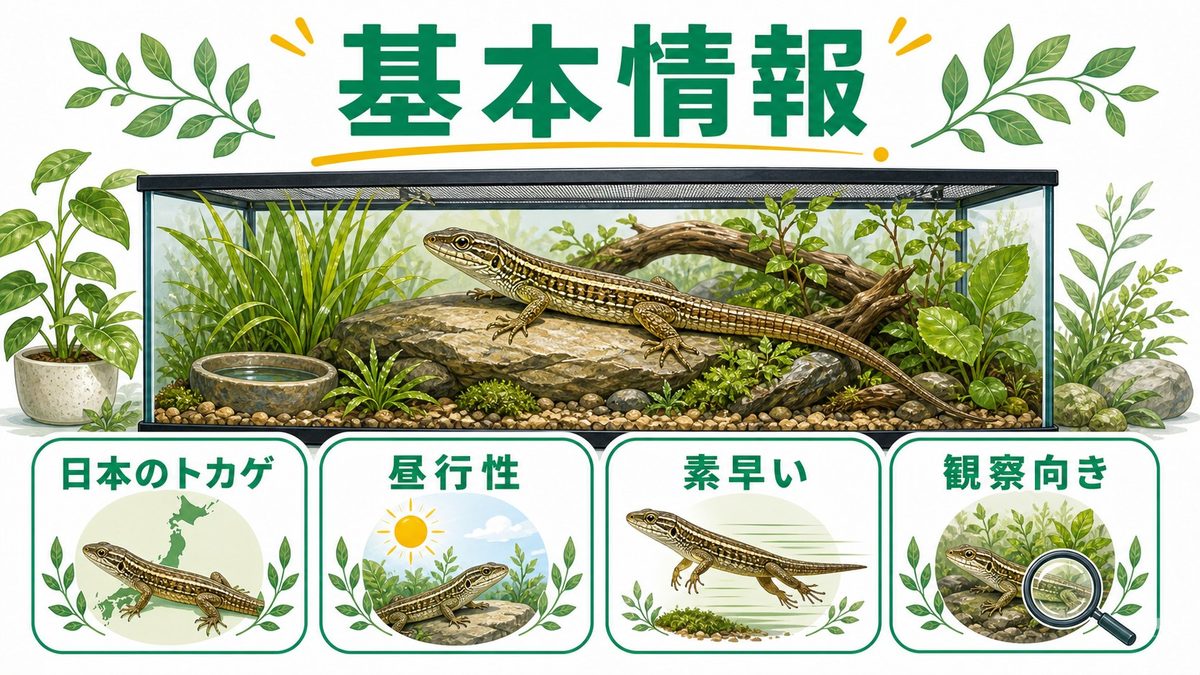 ニホンカナヘビの基本情報の要点をまとめたカメレオン・爬虫類飼育インフォグラフィック
