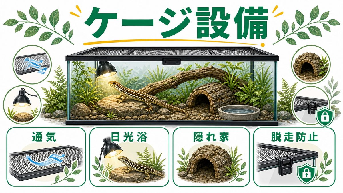 飼育ケージと設備の選び方の要点をまとめたカメレオン・爬虫類飼育インフォグラフィック