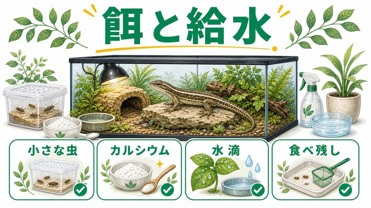 カナヘビの餌と給水の要点をまとめたカメレオン・爬虫類飼育インフォグラフィック