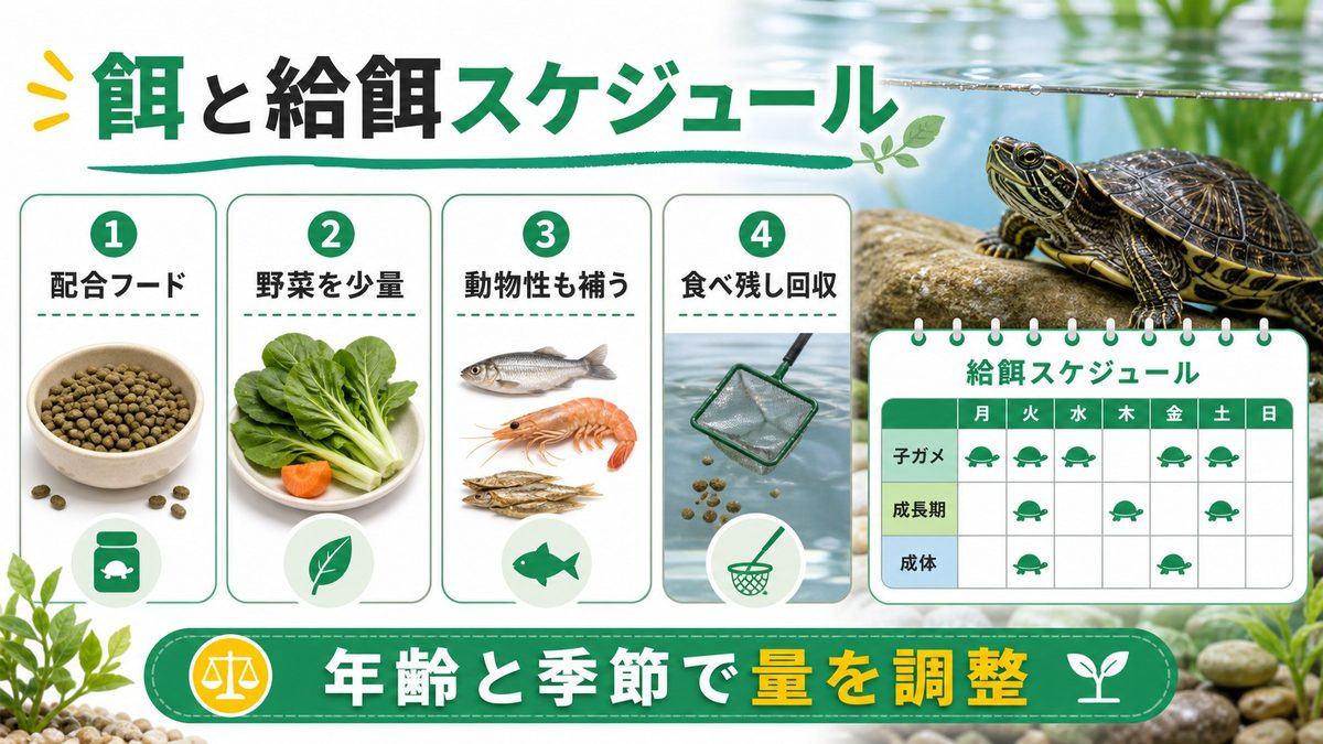 餌の種類と給餌スケジュールの要点をまとめたカメレオン・爬虫類飼育インフォグラフィック