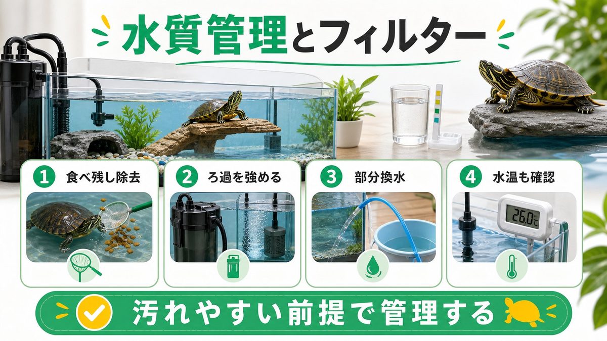 水質管理とフィルター選びの要点をまとめたカメレオン・爬虫類飼育インフォグラフィック
