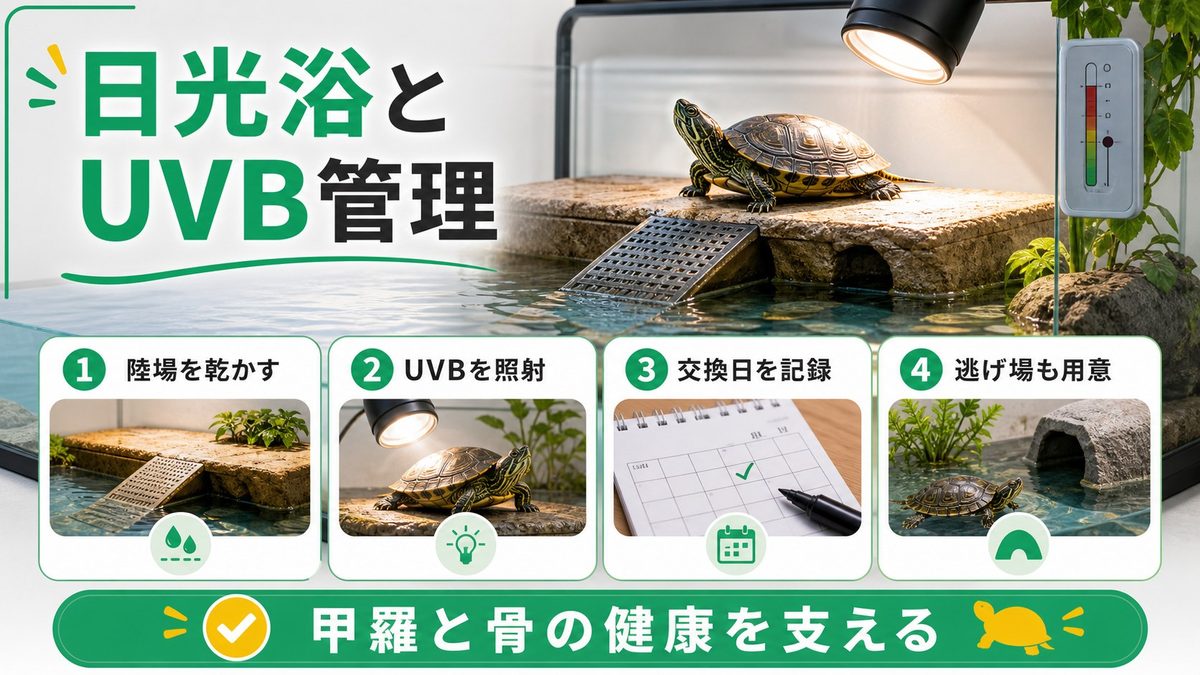 日光浴・UVB管理・陸場の作り方の要点をまとめたカメレオン・爬虫類飼育インフォグラフィック
