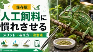 【与え方伝授！】カメレオンを人工飼料に慣れさせる方法・メリット・デメリットを解説！の要点を伝えるカメレオン・爬虫類記事アイキャッチ画像
