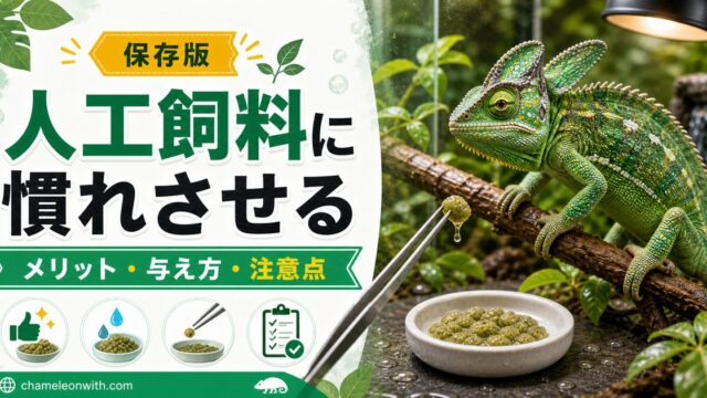【与え方伝授！】カメレオンを人工飼料に慣れさせる方法・メリット・デメリットを解説！の要点を伝えるカメレオン・爬虫類記事アイキャッチ画像