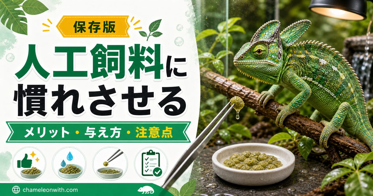 【与え方伝授！】カメレオンを人工飼料に慣れさせる方法・メリット・デメリットを解説！の要点を伝えるカメレオン・爬虫類記事アイキャッチ画像