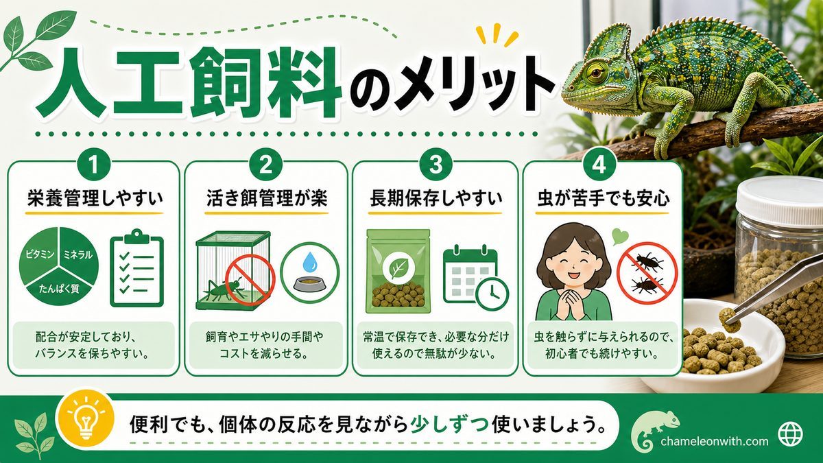 人工飼料のメリットとは?の要点をまとめたカメレオン・爬虫類飼育インフォグラフィック