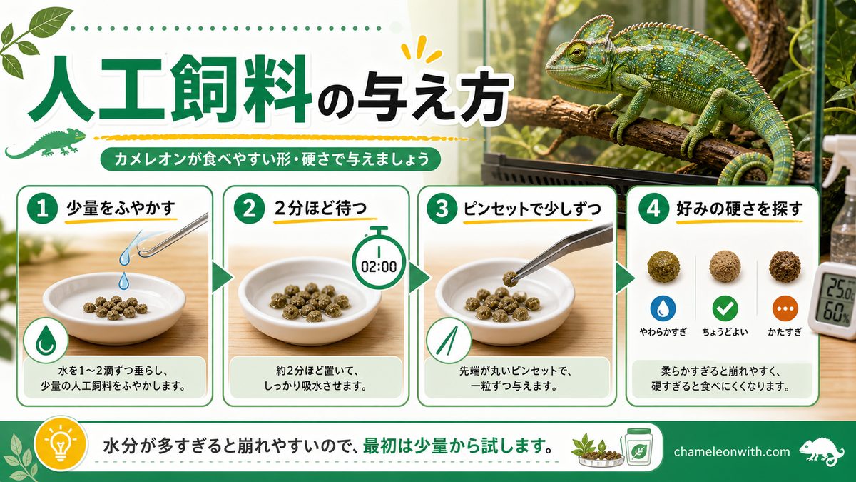 人工飼料の与え方は?の要点をまとめたカメレオン・爬虫類飼育インフォグラフィック