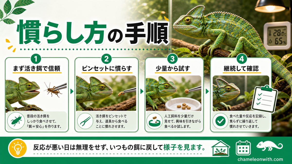 カメレオンに慣れてもらうためには?の要点をまとめたカメレオン・爬虫類飼育インフォグラフィック