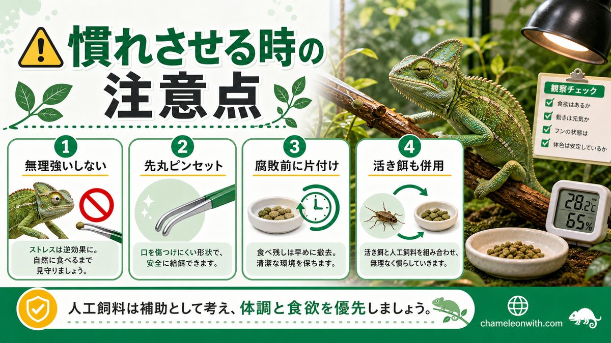 慣れさせる時の注意点についての要点をまとめたカメレオン・爬虫類飼育インフォグラフィック