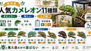 【飼育者おすすめ】ショップで見かけて飼いやすい人気カメレオン11種類を紹介！【マニアにも】の要点を伝えるカメレオン・爬虫類記事アイキャッチ画像