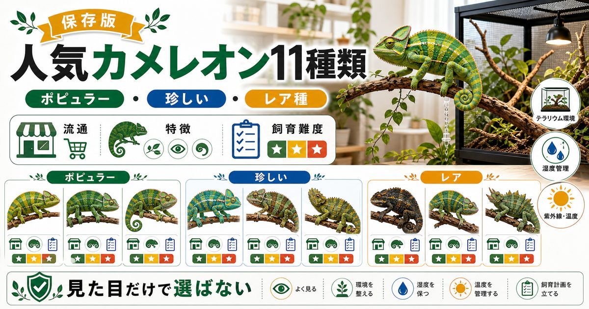【飼育者おすすめ】ショップで見かけて飼いやすい人気カメレオン11種類を紹介！【マニアにも】の要点を伝えるカメレオン・爬虫類記事アイキャッチ画像